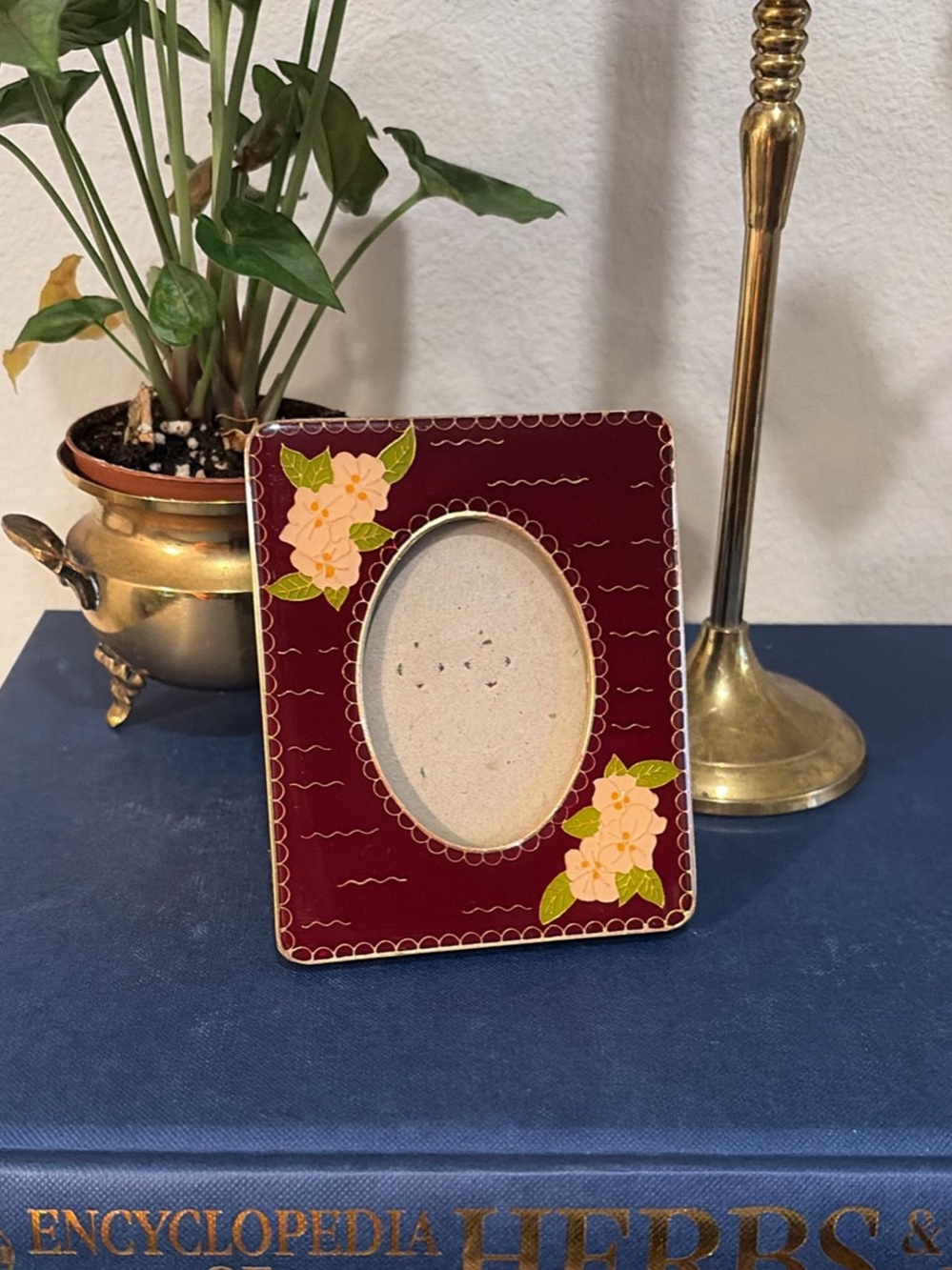 Vintage Enameled Brass Oval Dogwood Mini Picture Frame